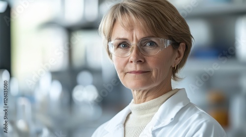 Serious female scientist in lab coat and safety glasses. Ideal for medical, science, research, and technology projects.