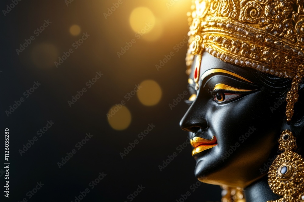 Elegant hindu goddess statue with golden crown and jewelry on dark background Elegant hindu goddess statue with golden crown and jewelry on dark background