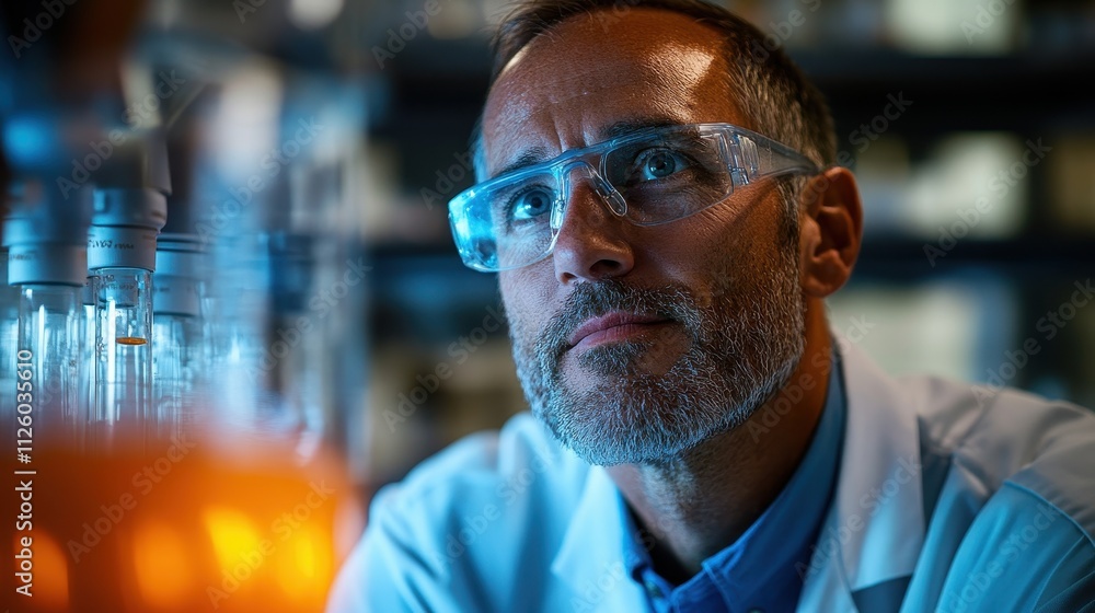 A thoughtful scientist in safety glasses observes a lab experiment. Illustrates scientific research, discovery, or innovation in a lab setting. A thoughtful scientist in safety glasses observes a lab experiment. Illustrates scientific research, discovery, or innovation in a lab setting.