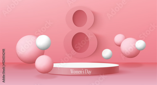 Realistic 3d vector presentation and holiday sales marketing promotion banner for 8 March with pink podium mockup, rose and white floating balls, number eight on wall of studio pastel background.