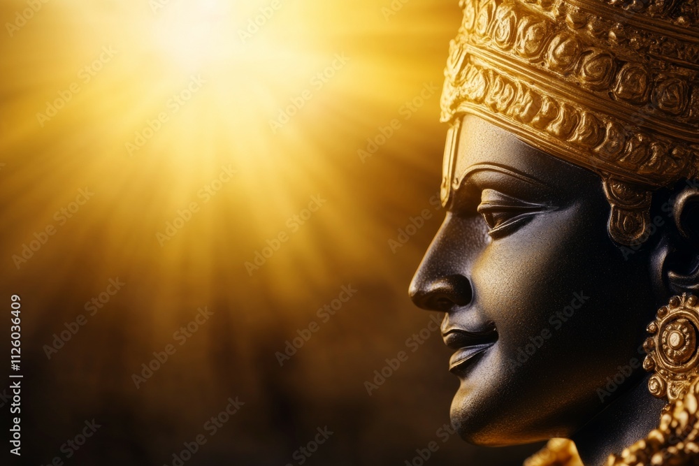 Golden sunburst illuminating intricate statue of krishna in divine glory Golden sunburst illuminating intricate statue of krishna in divine glory