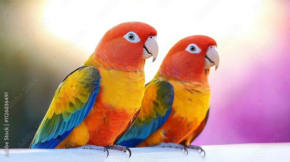 Two Sun Parakeets Perched on White Colorful Bird Exotic Parrot Vivid Feathers Two Sun Parakeets Perched on White Colorful Bird Exotic Parrot Vivid Feathers