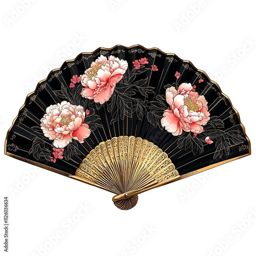 Black hand fan with pink peonies. photo