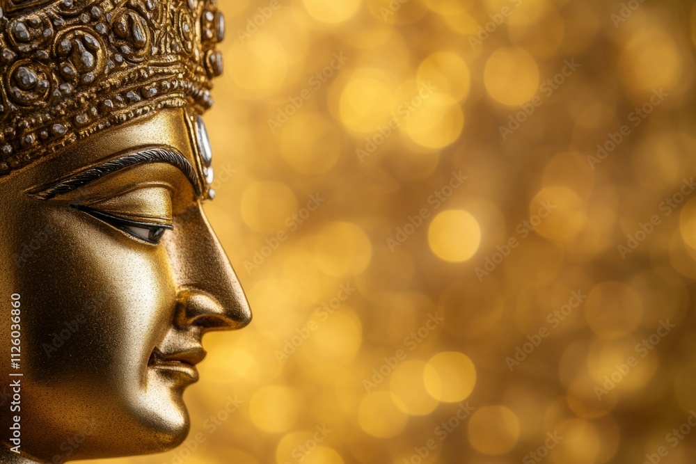 Obraz premium Golden buddha statue head profile against blurred bokeh background