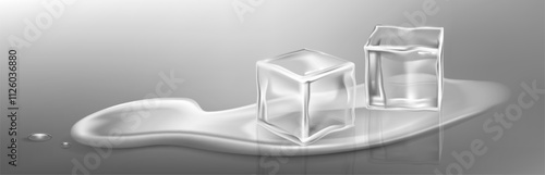 Melting ice cube on reflective surface of water puddle. Transparent frozen white blocks for cooling cocktail drinks. Realistic 3d vector illustration of two translucent cold icy pieces and melted blob