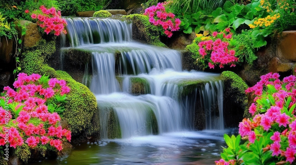 Serene Waterfall Cascading Through Vibrant Blooms Serene Waterfall Cascading Through Vibrant Blooms
