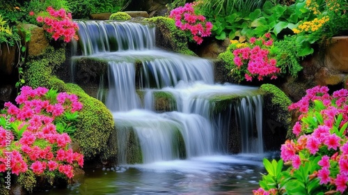 Serene Waterfall Cascading Through Vibrant Blooms