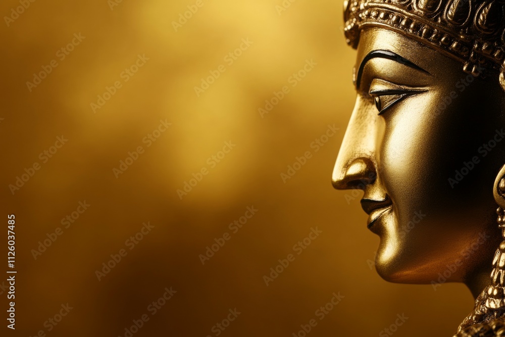 Golden statue profile with regal headdress on shimmering background Golden statue profile with regal headdress on shimmering background