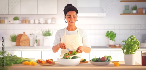 Woman in Her  Cooking a Healthy Meal in a Bright Modern Kitchen  A woman in her  is preparing a nutritious meal with fresh vegetables and grains in a beautifully lit kitchen