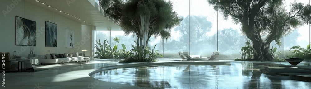Fototapeta premium Serene Oasis: Luxurious Indoor Pool Surrounded by Lush Tropical Foliage