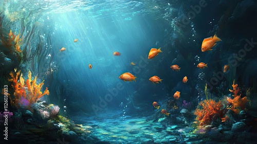 Sunlit Underwater Scene With Orange Fish and Coral Reef photo