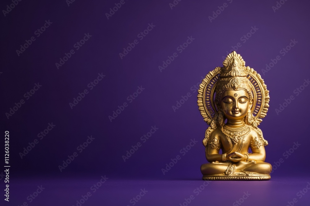 Fototapeta premium Golden buddha statue on purple background symbolizing tranquility and spirituality