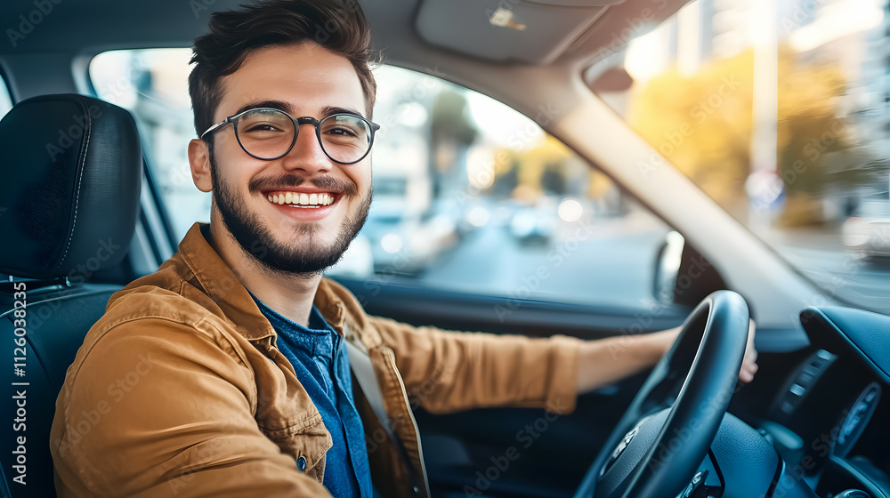 A cheerful young driver behind the wheel of a car, embodying the excitement of buying and driving. A cheerful young driver behind the wheel of a car, embodying the excitement of buying and driving.