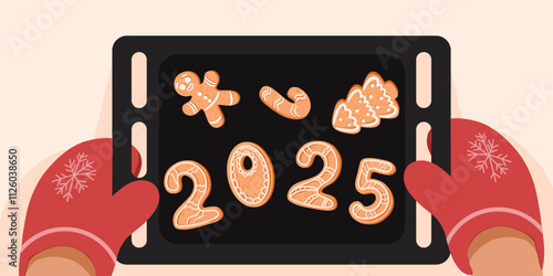 Hands holding oven tray with gingerbread cookies in shape of 2025 numerals, fir tree, candy cane and gingerbread Man in glaze. Winter Holidays spirit. Festive baking for winter holidays. Vector