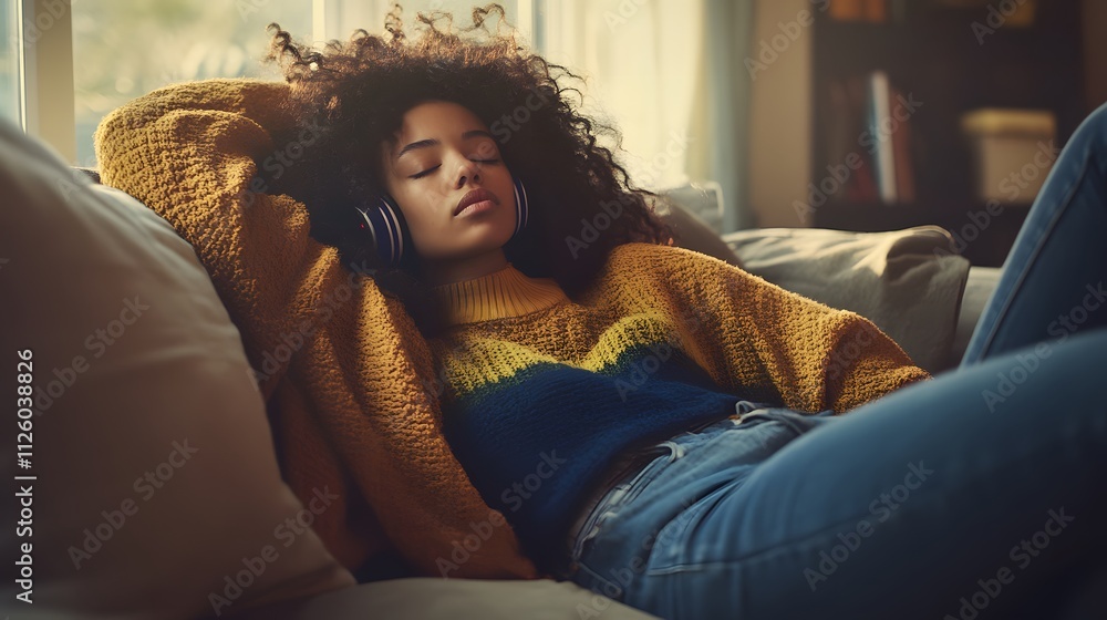 Person relaxing with headphones on, enjoying a moment of solitude and personal entertainment, embracing the power of music to rejuvenate and escape from daily stress. Person relaxing with headphones on, enjoying a moment of solitude and personal entertainment, embracing the power of music to rejuvenate and escape from daily stress.