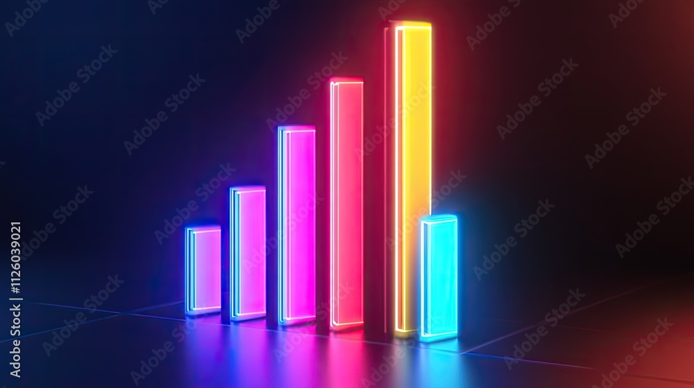 Neon bar graph showing growth, success, and upward trend. Neon bar graph showing growth, success, and upward trend.