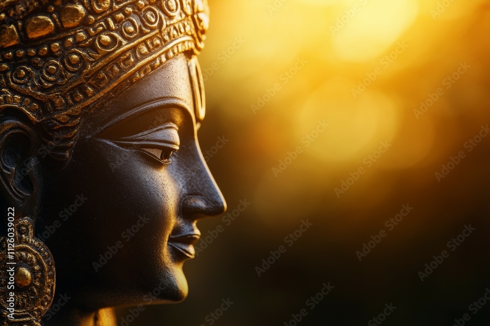 Side profile of hindu deity statue in golden sunset light Side profile of hindu deity statue in golden sunset light