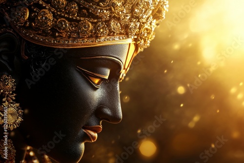 Majestic golden-hued statue with intricate details and radiant light photo