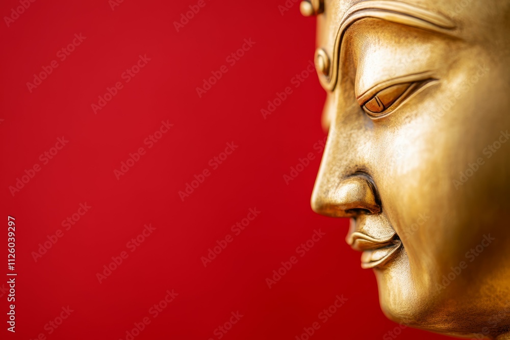 Golden buddha statue profile against vibrant red background Golden buddha statue profile against vibrant red background