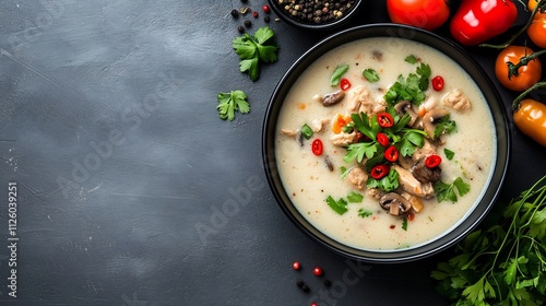 Fototapeta Naklejka Na Ścianę i Meble -  Vibrant and Creamy Tom Kha Gai Soup Featuring Tender Chicken and Mushrooms in a Coconut Milk Base
