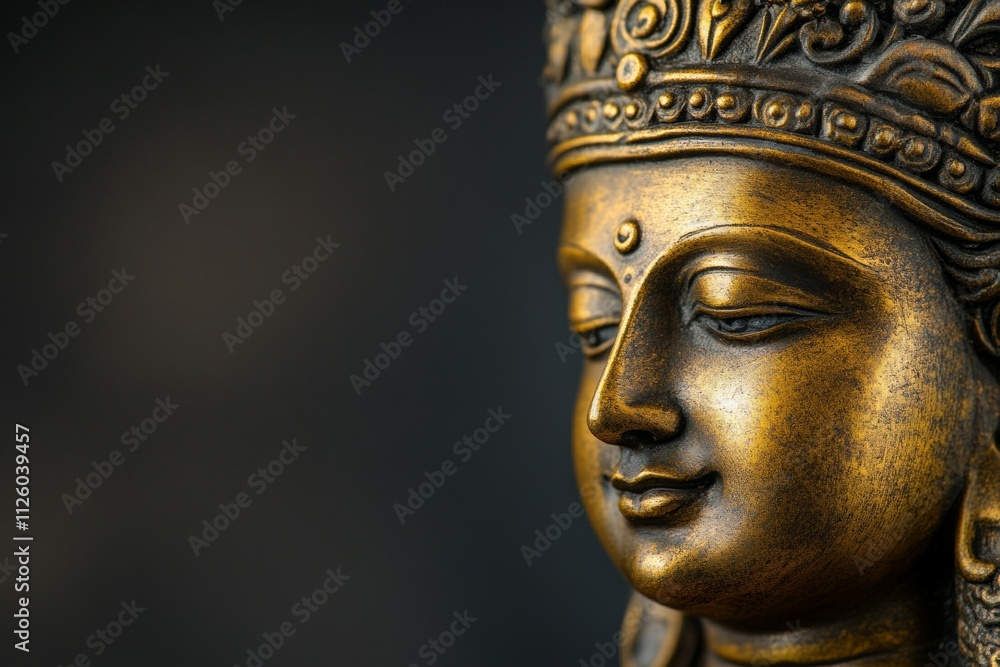 Close-up of a serene golden hindu goddess statue with ornate headdress Close-up of a serene golden hindu goddess statue with ornate headdress