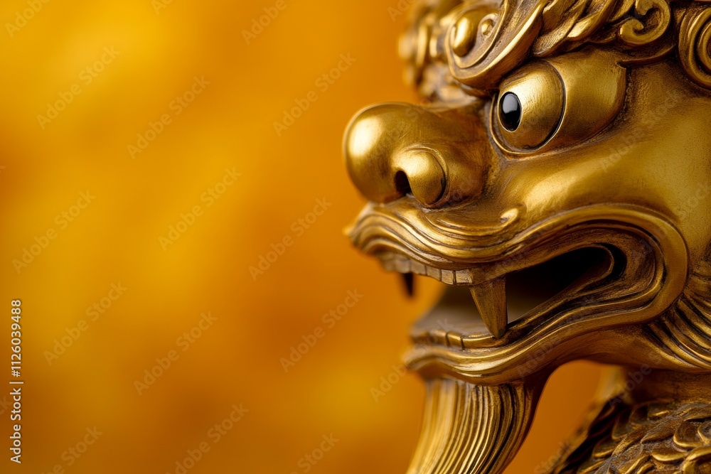 Obraz premium Golden chinese dragon statue close-up against vibrant background
