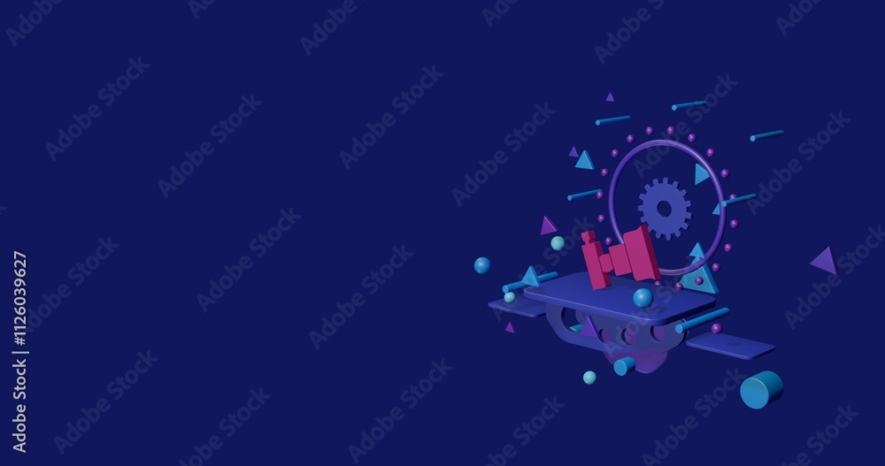 Naklejka premium Pink camera symbol on a pedestal of abstract geometric shapes floating in the air. Abstract concept art with flying shapes on the right. 3d illustration on indigo background