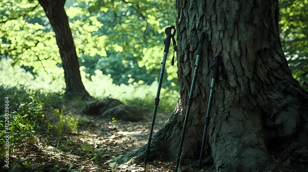 Trekking poles leaning against a large tree. Trekking poles leaning against a large tree.