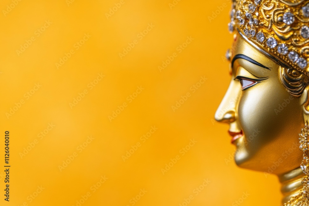 Obraz premium Hindu goddess statue profile with gold crown and earrings on yellow background