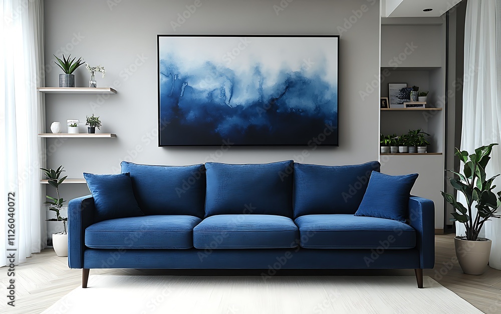 Blue sofa in modern living room with abstract art. (3)
