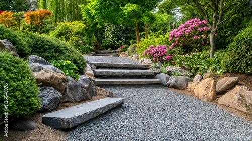 Stone Steps and Gravel Path Through a Lush Garden