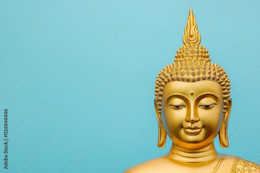 Golden buddha statue against blue background Golden buddha statue against blue background