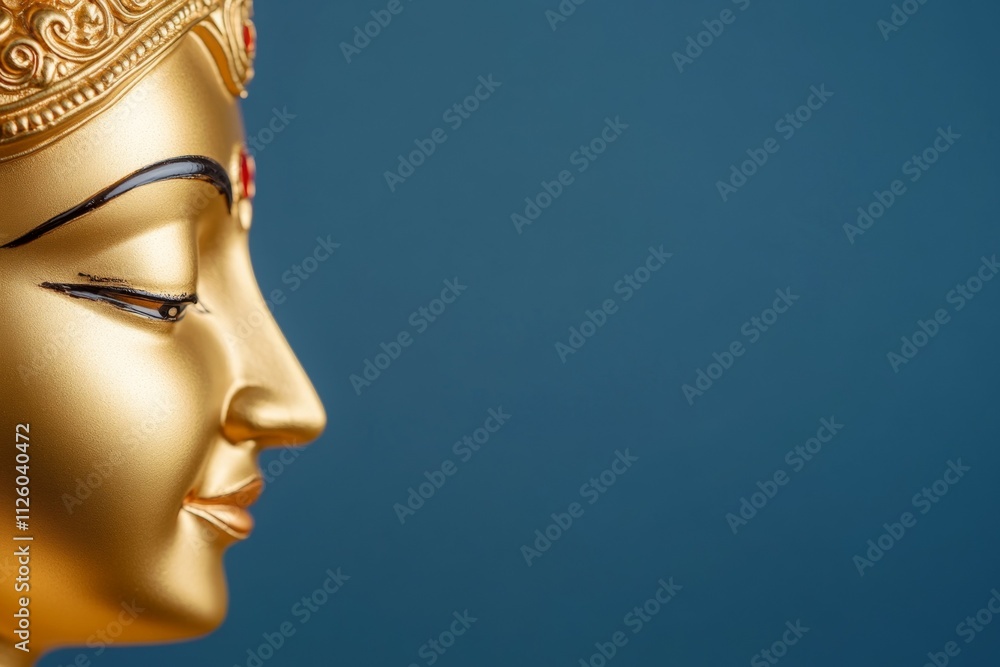 Golden hindu goddess statue profile against blue background Golden hindu goddess statue profile against blue background