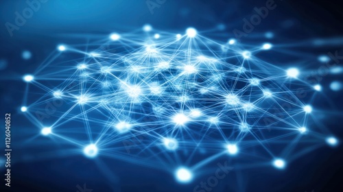 A network of bright, interconnected nodes forming a brain-like structure, floating in a blue digital space