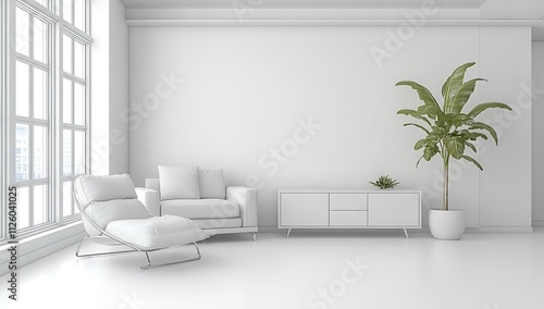 White minimalist living room interior with sofa, chaise lounge, plant, and window.