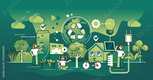 Zero waste concept with recycling symbols, solar panels, and greenery. Dark theme outline style illustration.