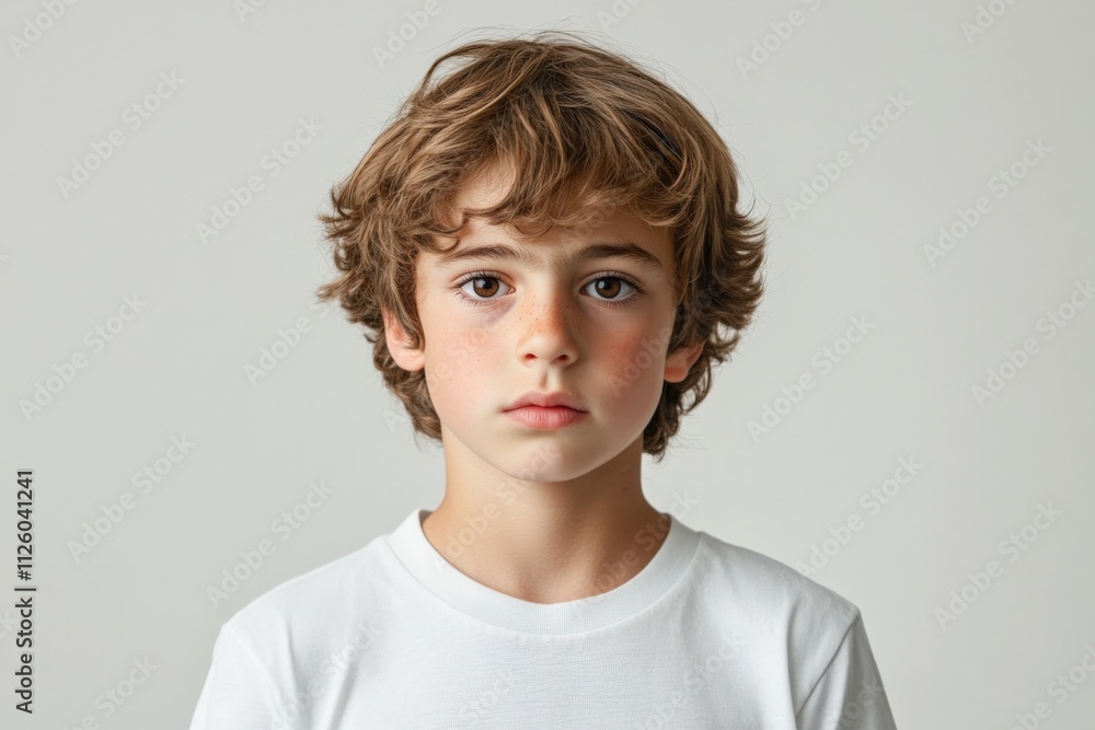 portrait of a young boy with curly hair and a neutral expression portrait of a young boy with curly hair and a neutral expression