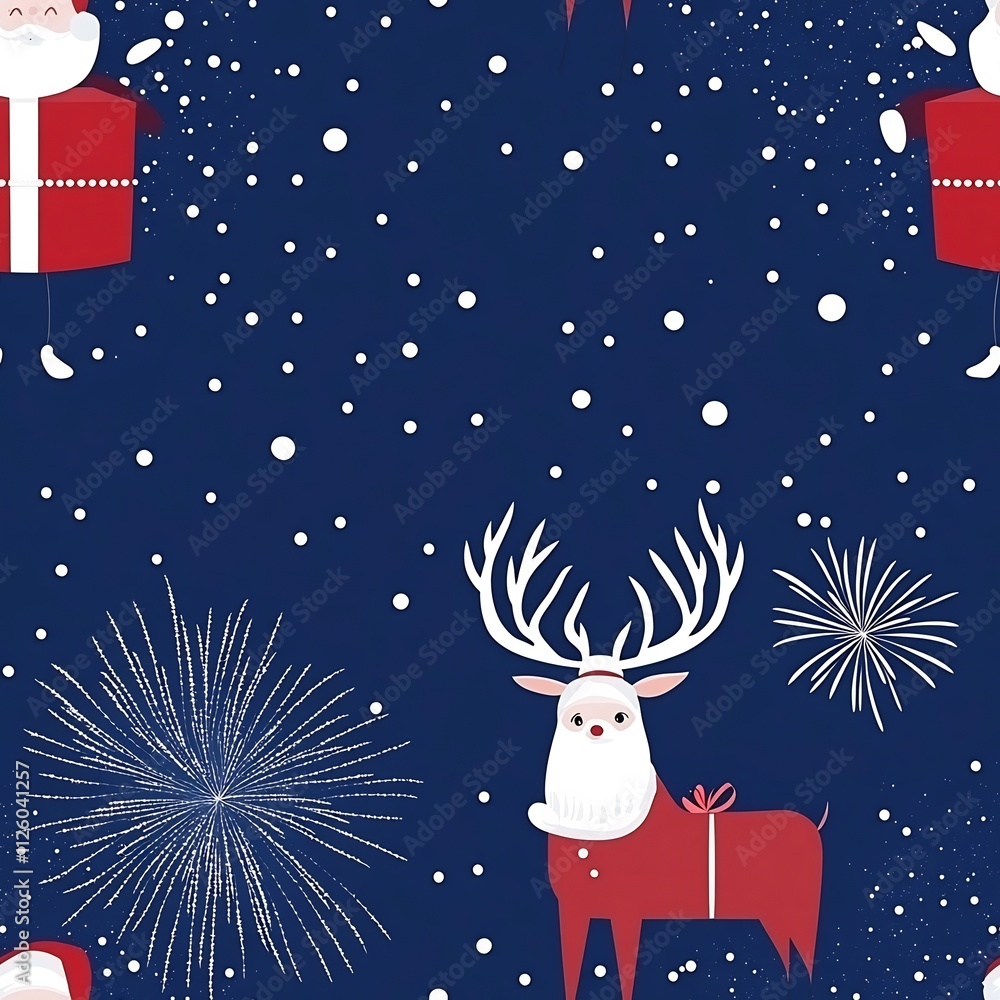 Festive Winter Landscape with Deer and Fireworks in Snowy Night Sky Festive Winter Landscape with Deer and Fireworks in Snowy Night Sky