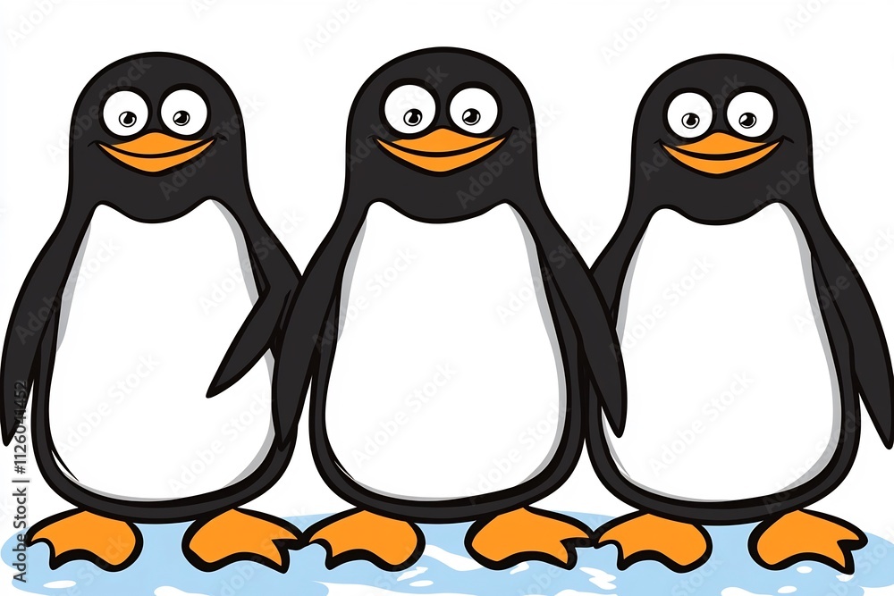 Three Playful Cartoon Penguins Standing on Ice Three Playful Cartoon Penguins Standing on Ice