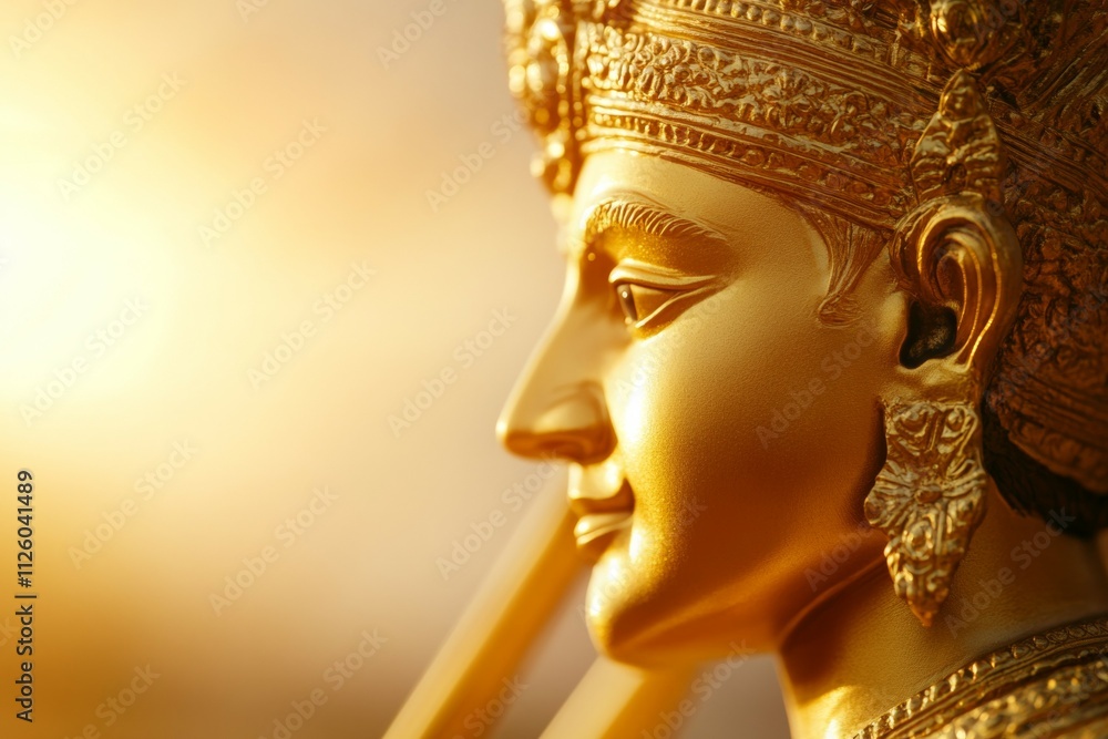 Golden hindu deity statue in traditional headdress with warm glow Golden hindu deity statue in traditional headdress with warm glow