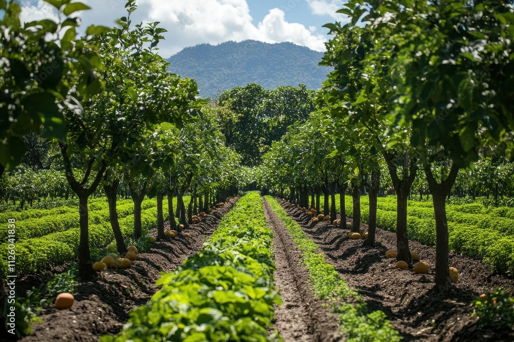 Obraz premium Rows of fruit trees and crops in a farm. Depicts agricultural abundance and sustainable farming practices.