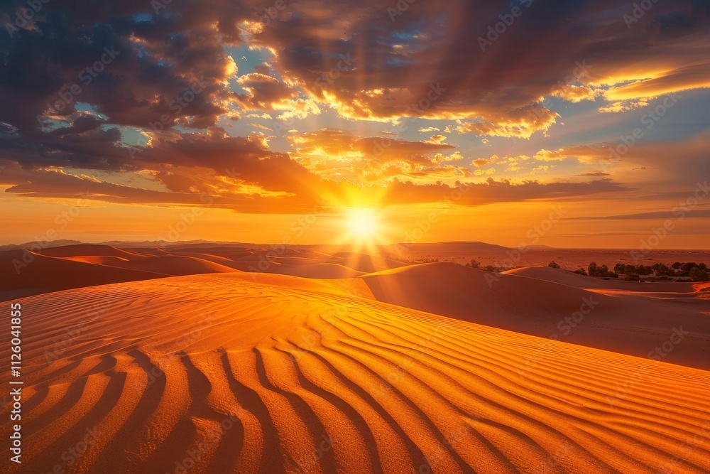 A stunning sunset fills the sky with brilliant hues as the sun sinks behind undulating sand dunes in a tranquil desert setting, creating a serene atmosphere. A stunning sunset fills the sky with brilliant hues as the sun sinks behind undulating sand dunes in a tranquil desert setting, creating a serene atmosphere.