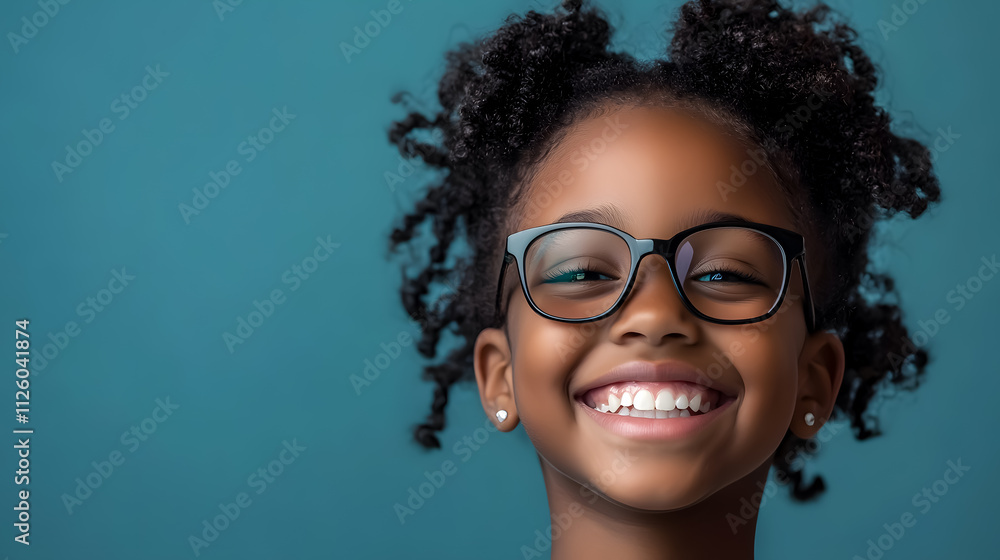 A headshot portrait of a happy mixed-race girl wearing glasses. A headshot portrait of a happy mixed-race girl wearing glasses.