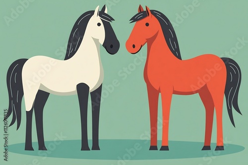 Two colorful cartoon horses standing side by side in a natural landscape setting photo