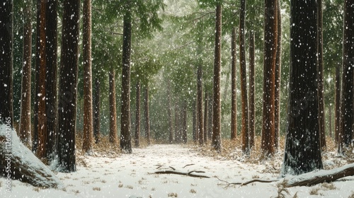 Snowfall in a Redwood Forest