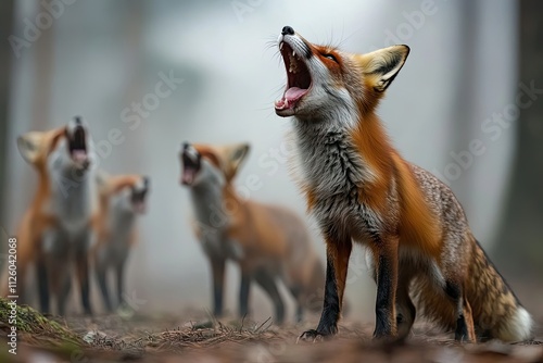 Red Foxes Howling In Misty Forest Scene photo