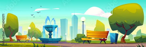 Downtown city park with green garden, tree and bench scene. Town street landscape with nature field, road, fountain and urban cityscape view. Central New York sidewalk on sunny day illustration