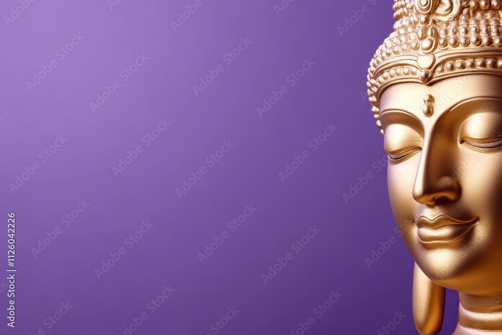 Golden buddha head sculpture on purple background reflecting serenity and spirituality Golden buddha head sculpture on purple background reflecting serenity and spirituality