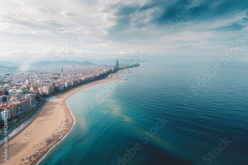 The coastline of Barcelona stretches along the sandy beach, where locals and tourists enjoy the calm waters, surrounded by modern architecture and a cloudy sky.