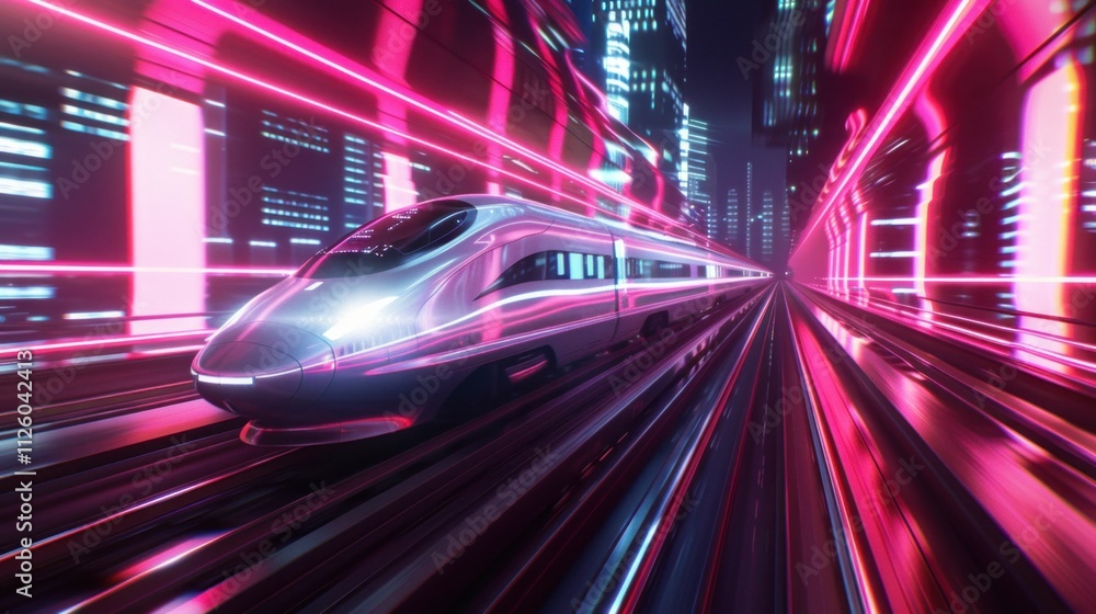 futuristic train in neon city, high speed motion blur, vibrant pink and blue lights, modern urban landscape, night scene, fast transportation concept with dynamic energy futuristic train in neon city, high speed motion blur, vibrant pink and blue lights, modern urban landscape, night scene, fast transportation concept with dynamic energy